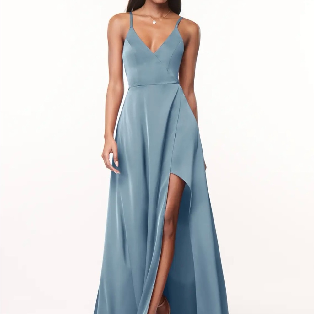 Dusty Blue Azazie Maksim Stretch Satin Dress